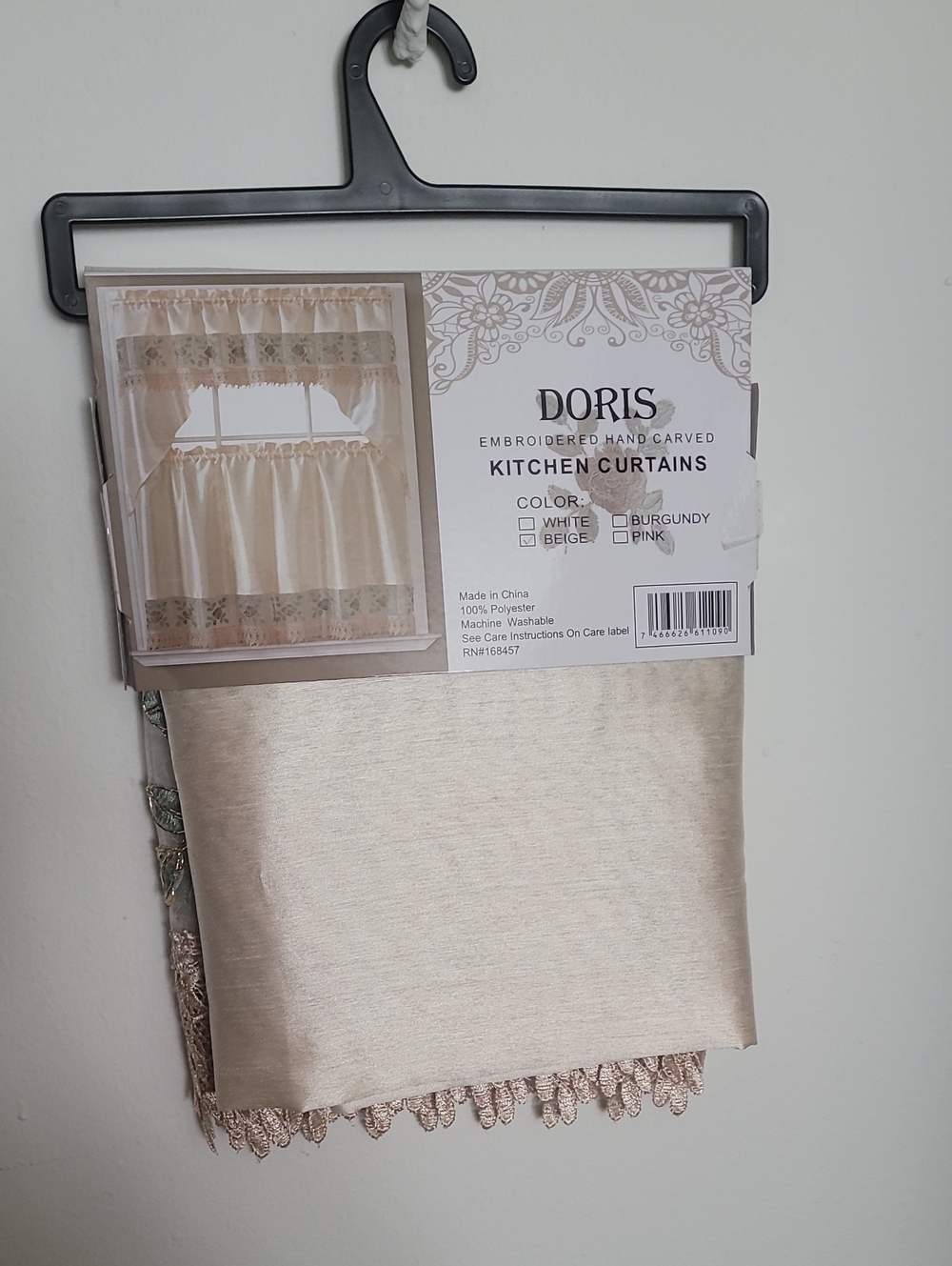 Oris Beige Embroidered Kitchen Curtains with Lace Trim
